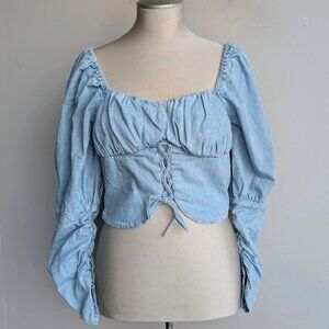 Denim Corset Puff Sleeve Lace Up Crop Top